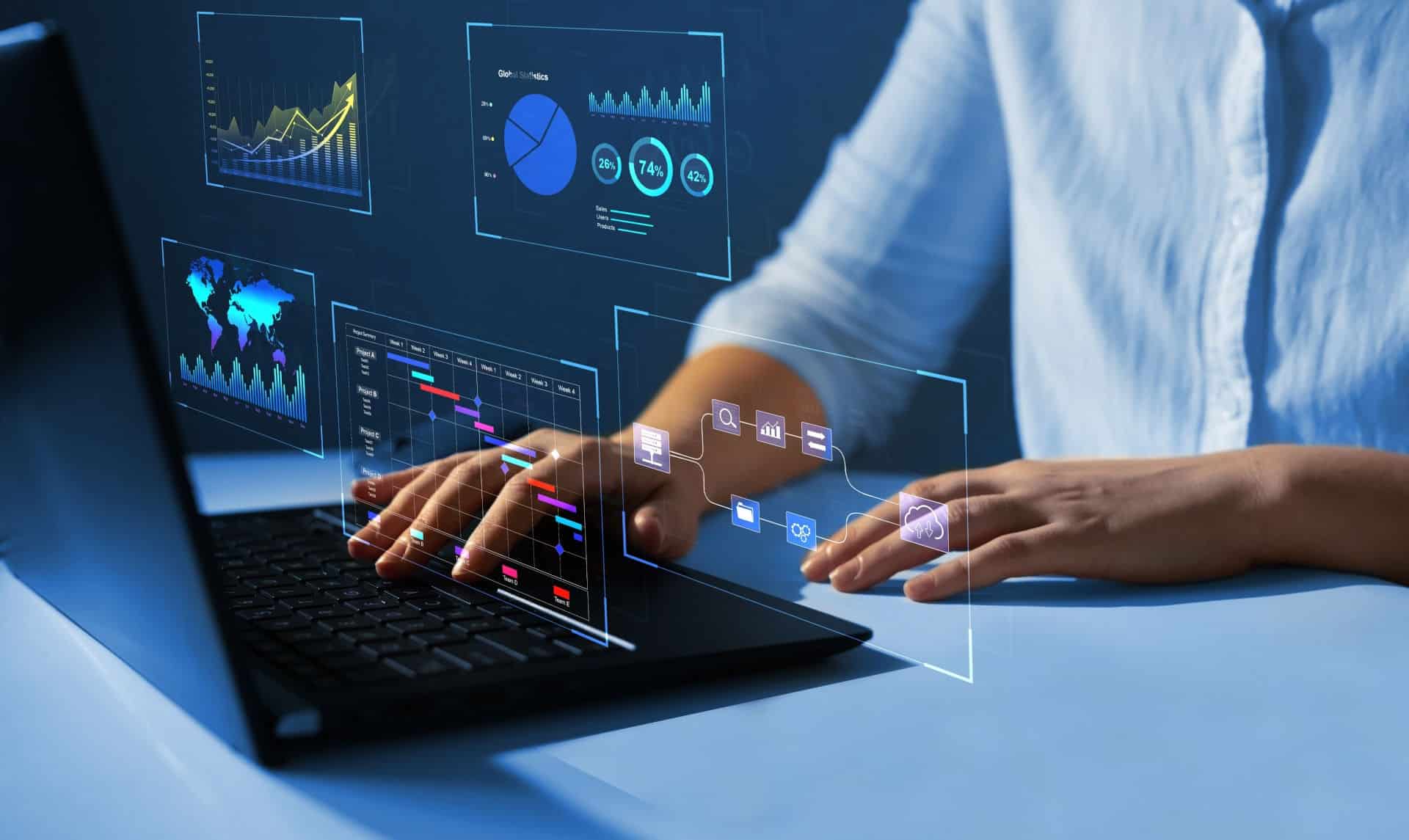 Advisor using KPI Dashboard on virtual screen