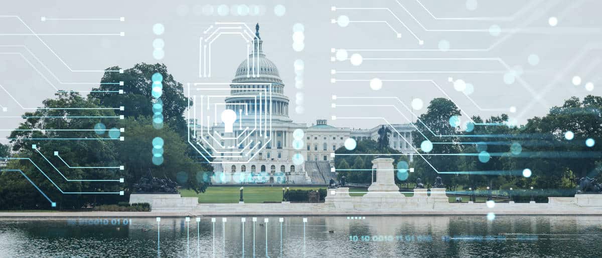 Capitol dome building exterior, Washington DC, USA. Home of Congress and Capitol Hill. American political system. The concept of cyber security to protect confidential information, padlock hologram